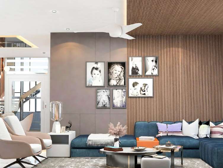Warm living room with custom wall panelling from the company brochure